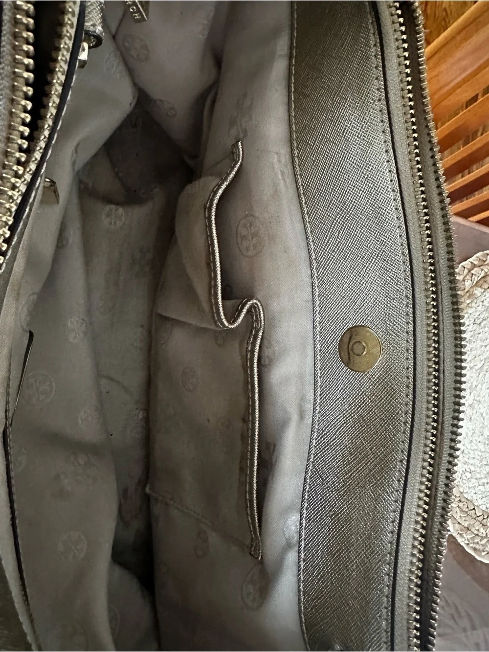 Tory Burch Metallic Gold Saffiano Satchel with Detachable Strap